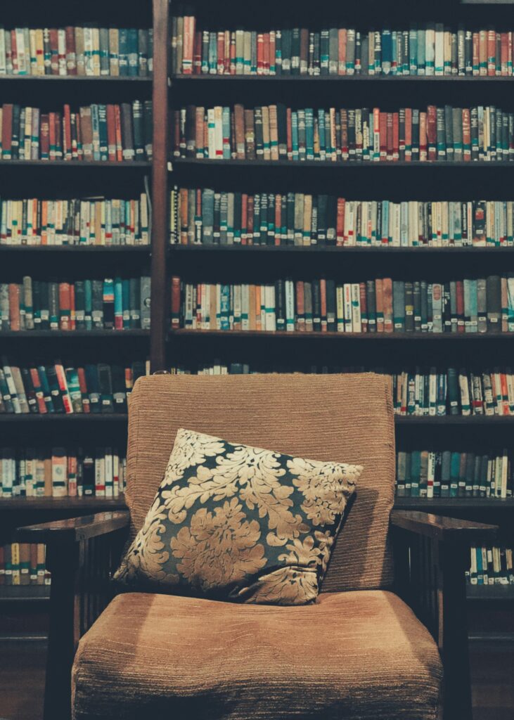 Bookshelves filled with books behind a comfy brown armchair.
